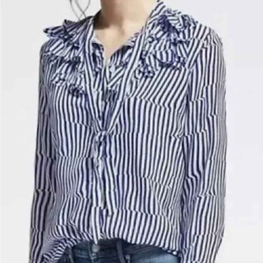 Banana Republic Striped Ruffle Tie Neck Blouse